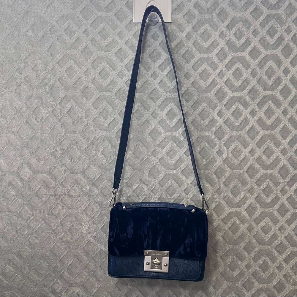 Sam Edelman Women’s Gessica Shoulder Bag Navy Blue Velvet and Leather Crossbody